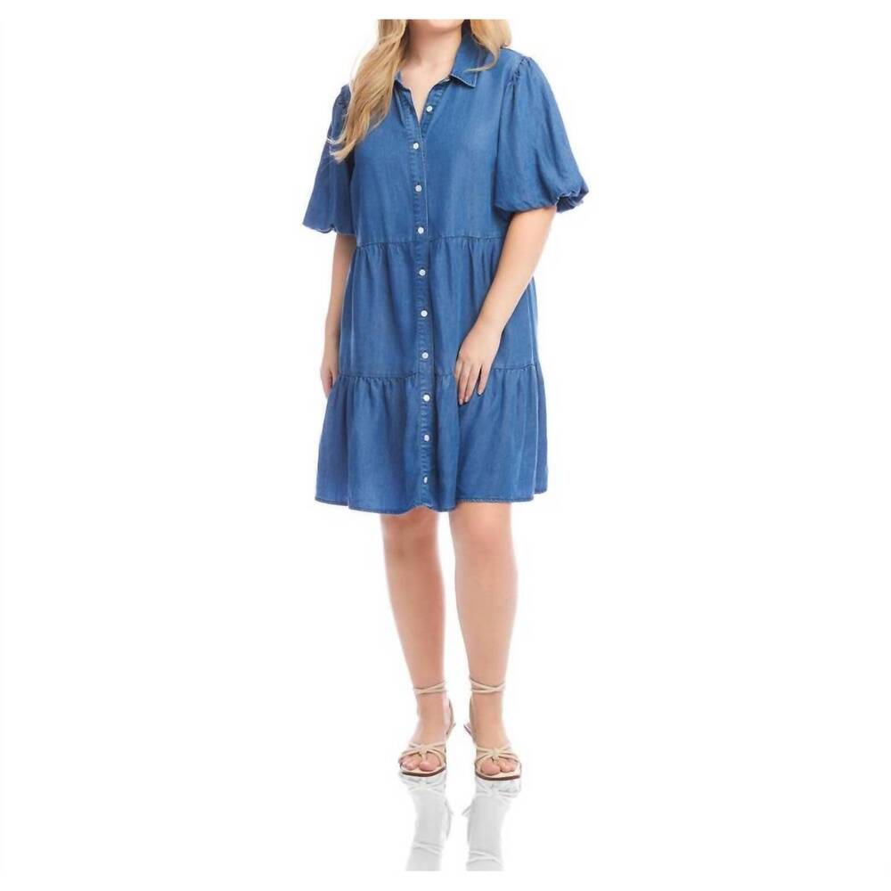 NEW KAREN KANE puff sleeve tiered shirtdress - plus in chambray